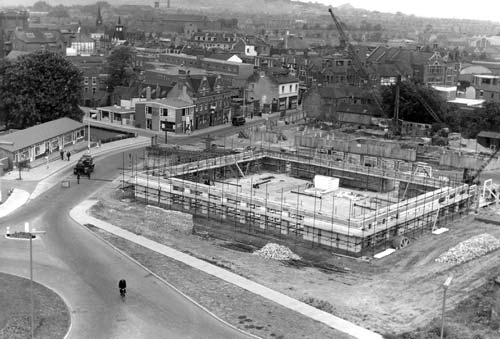 Nuneaton's new library under construction. View from church tower. Photograph taken 26 April 1961.